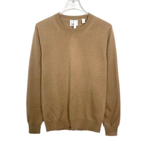 008623 Burberry Check patchwork round neck wool knitted sweater Camel XS